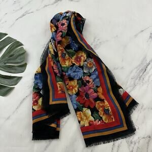 Charter Club Vintage 90s Wool Scarf Black Colorful Floral Large Square